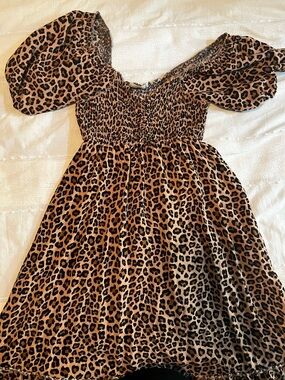 Girls Leopard Print Puff Sleeve Dress - Brown